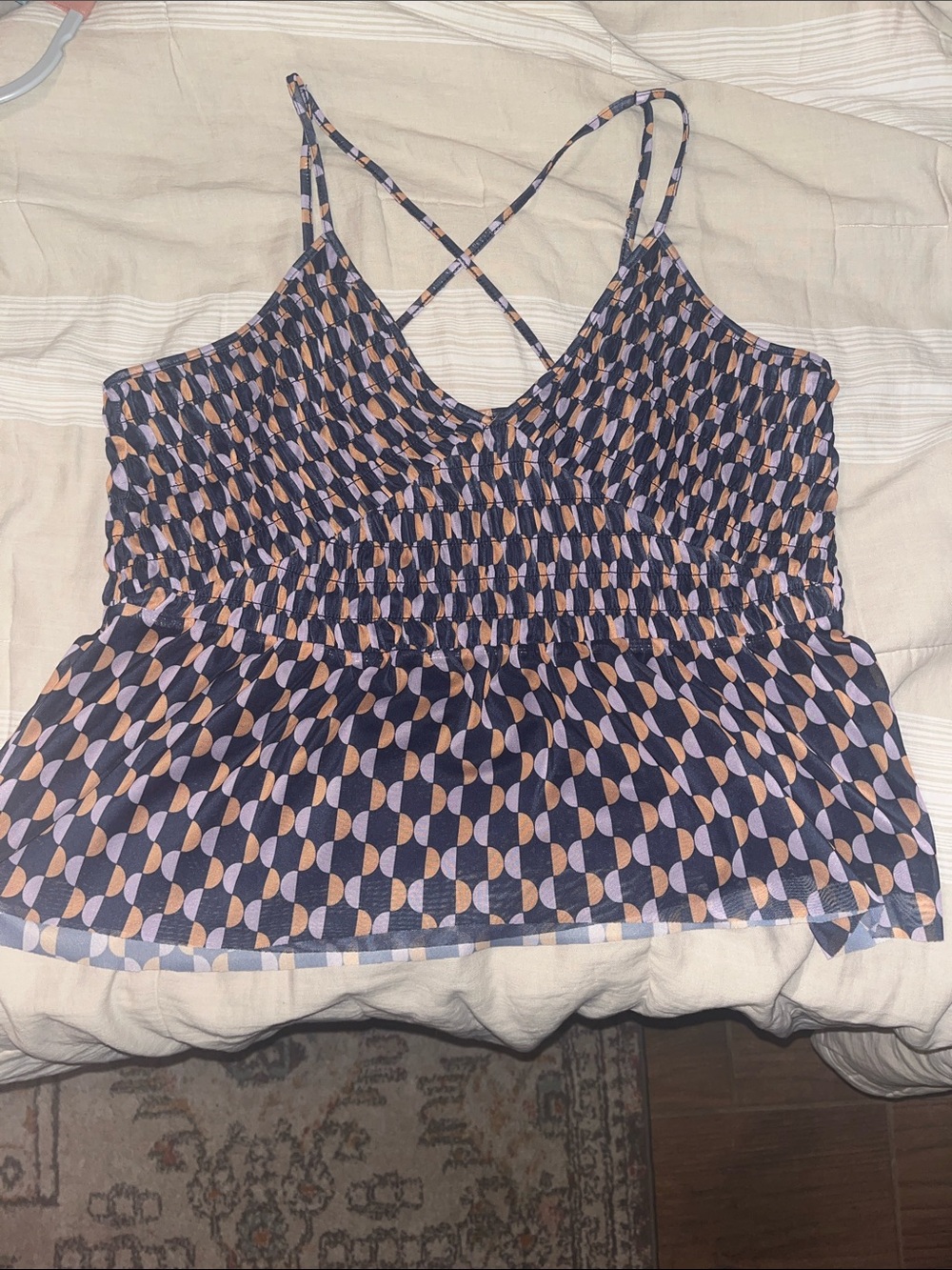 Anthropologie Navy Lilac and Peach Geometric Smocked Cami Tank